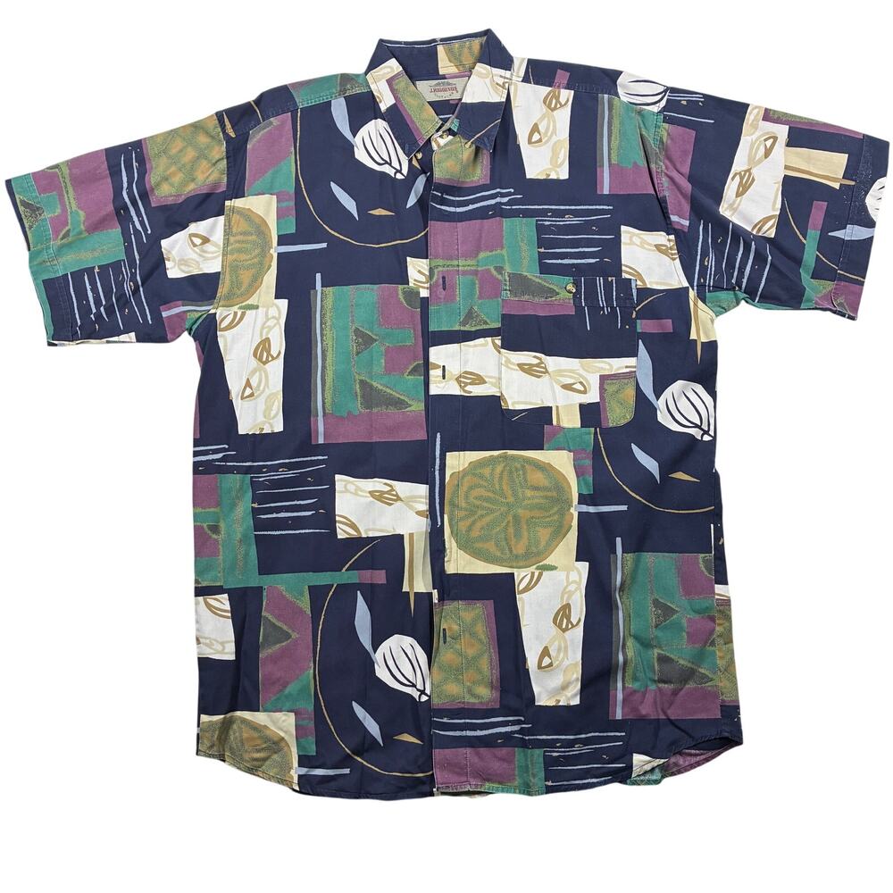 Vintage Geometric Abstract Shirt Mens Large Colorful Button Up J.Riggings 80-90s